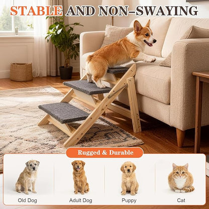 Dog Stairs/Steps, 2-in-1 Foldable Wooden Pet Stairs, Wood Frames and Non-Slip Carpet Suitable for High Beds, Car, Couch, Durable Wooden Dog Stairs for Small Medium and Large Dogs,3 Steps
