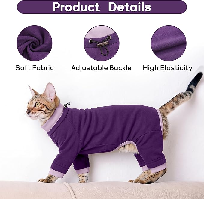 PUMYPOREITY Cat Hair Sticky Sweater, Recovery Suit - Breathable & Lightweight for Post-Surgery Protection, Cat Onsie Prevents Licking Wounds, Purple, XL