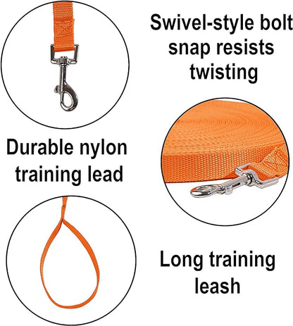 Hi Kiss Dog/Puppy Obedience Recall Agility Lead - 15ft 20ft 30ft 50ft 100ft Leash - Great for Training, Play, Camping, or Backyard - Orange 20ft
