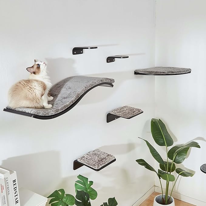 LIORCE 2 Set Cat Wall Steps - Wooden Cat Climbing Shelf for Wall - Cats Wall Stairs with Scratching Mat - Wall Mounted Cats Furniture for Jumping, Playing, and Lounging, Walnut