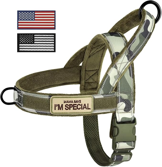 Forestpaw No Pull Dog Harness with Large Handle,Slip on Reflective Vest with Quick Release Buckle,Comfortable Flannel Lining for Medium Large Dogs Walking Training (Includes 3 Patches),Green Camo L