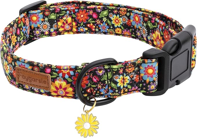 Faygarsle Floral Dog Collar for Girls and Female Dogs Soft and Fancy Pet Collar with Flower Design Ideal Black Dog Collar for Small Medium Large Dogs S