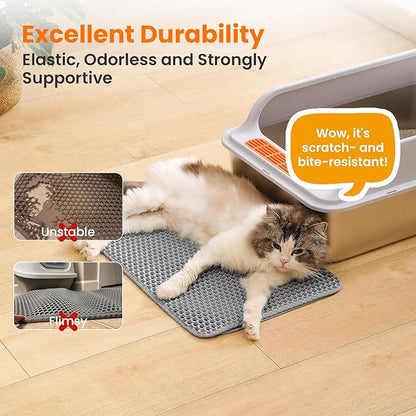 Petinstinct Small Cat Litter Mat, 20x14’’ Double Layer Honeycomb Cat Litter Box Mat, Non Slip Waterproof Urine Proof Litter Trapping Mat for Floor, Kitty Litter Pad, Indoor Pet Supplies, Gray