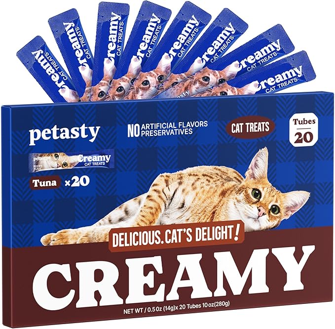 PETASTY Squeezable Lickable Cat Treats, Soft Creamy Puree with Vitamin E, Grain-Free & Protein Rich, Tuna Flavor Squeeze Tube Healthy Wet Cat Treat for All Life Stages Daily Use, 20 Count, 0.5oz Each