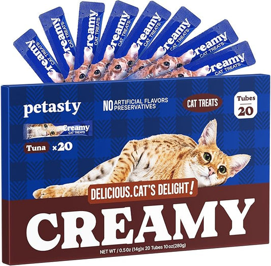PETASTY Squeezable Lickable Cat Treats, Soft Creamy Puree with Vitamin E, Grain-Free & Protein Rich, Tuna Flavor Squeeze Tube Healthy Wet Cat Treat for All Life Stages Daily Use, 20 Count, 0.5oz Each