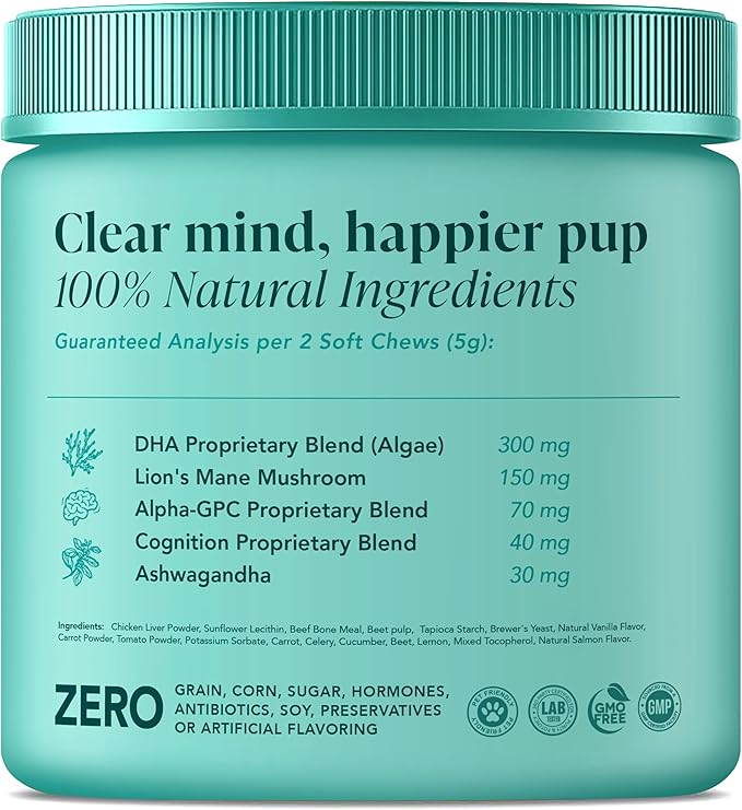 My Lil’ Nugget - Vet-Approved Cognition Chews for Dogs | All-Natural Dog Brain Support & Improve Memory | Lion’s Mane & Ashwagandha | All-Ages – Aging Senior Dog to Puppy | 90 Salmon Flavor Soft Chews