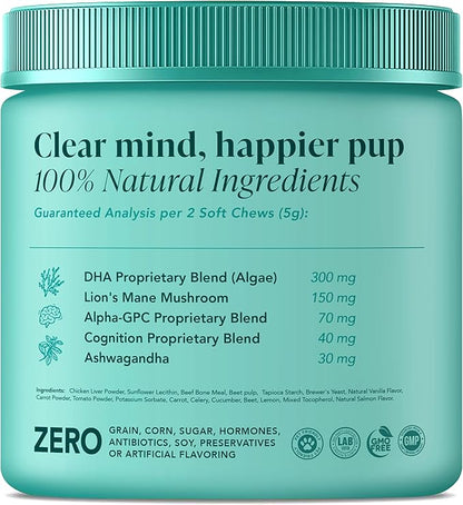 My Lil’ Nugget - Vet-Approved Cognition Chews for Dogs | All-Natural Dog Brain Support & Improve Memory | Lion’s Mane & Ashwagandha | All-Ages – Aging Senior Dog to Puppy | 90 Salmon Flavor Soft Chews