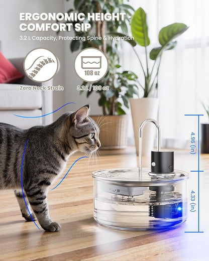 Wireless Cat Water Fountain Glass - 108oz/3.2L Automatic Ultra-Quiet Cat Water Fountain with Filter, Glass Battery Operated Pet Fountain Rechargeable Water Dispenser for Cats, Puppy, Multiple Pets
