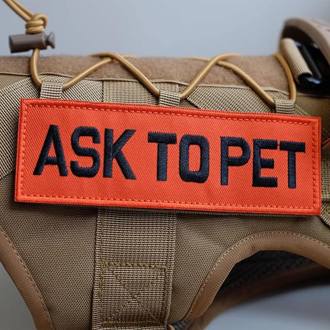 FITZNORA Embroidered Ask to Pet Patches, 2 Pack Clear Sign with Hook and Loop Pieces, Easy to Read Tabs for Dog Vest Harness Collar, 6 x 2 inches