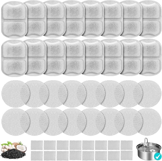 16 Pack Pet Fountain Filter Replacement for 7L/230oz/1.8G Stainless Steel Dog Water Fountain - Cat Water Fountain Filters and Sponges