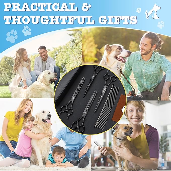 Dream Reach Dog Grooming Scissors - 7 Inch Professional 6 in 1 Pet Grooming Kit Sharp and Durable Shears Set Thinning, Chunker, Straight, Curved Shears and Comb for Dog Cat Pet, Black