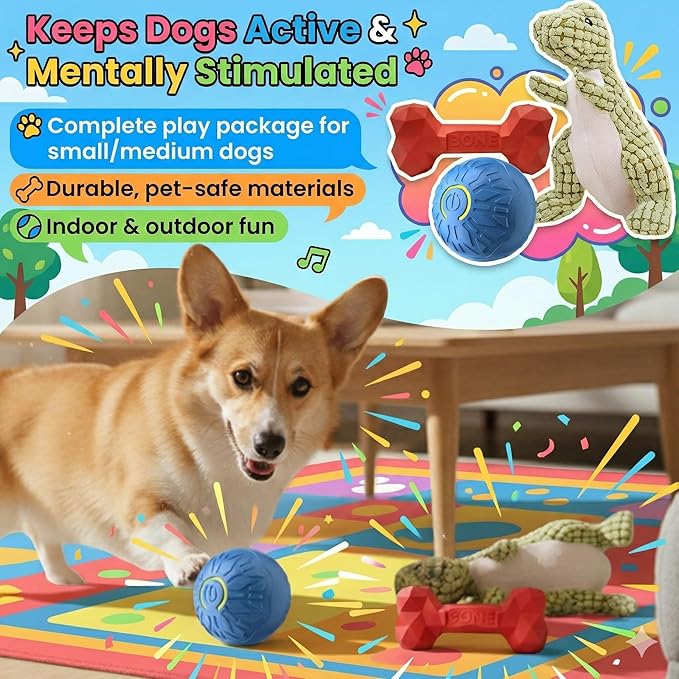 Interactive Dog Toy Play Set for Puppies & Small to Medium Dogs – Includes Self Rolling Ball, Durable Rubber Treat Chew Bone & Squeaky Plush Dinosaur