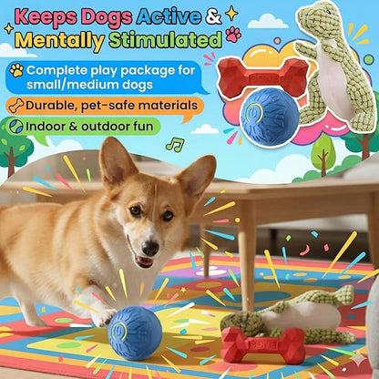 Interactive Dog Toy Play Set for Puppies & Small to Medium Dogs – Includes Self Rolling Ball, Durable Rubber Treat Chew Bone & Squeaky Plush Dinosaur