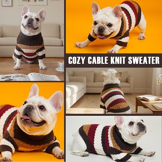 KAROKU Dog Sweater, Pet Cable Knitted Turtleneck Sweater for Small Medium Dogs Boy Girl, Winter Dog Pullover Sweater with Legs, Classic Comfy Thick Outdoor Pet Clothes(Brown, Small)