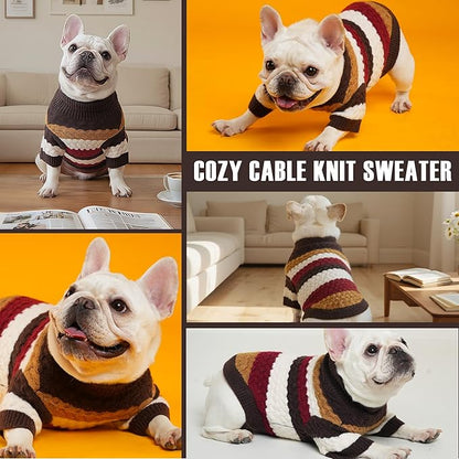 KAROKU Dog Sweater, Pet Cable Knitted Turtleneck Sweater for Small Medium Dogs Boy Girl, Winter Dog Pullover Sweater with Legs, Classic Comfy Thick Outdoor Pet Clothes(Brown, Small)