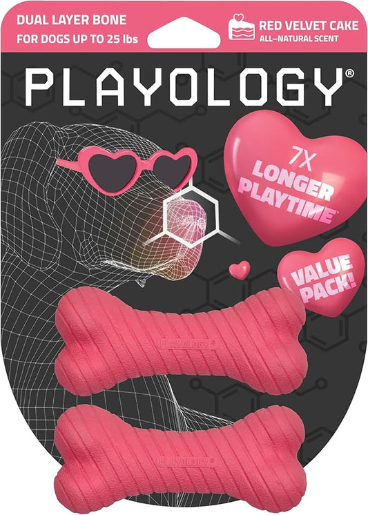 Playology Dog Toys | Dual Layer Bone Durable Chew Toy Bone for Dogs, Value 2-Pack | Small Red Velvet Cake Scented Toy - Limited Edition Valentine's Day Scent | Made from Non Toxic Materials