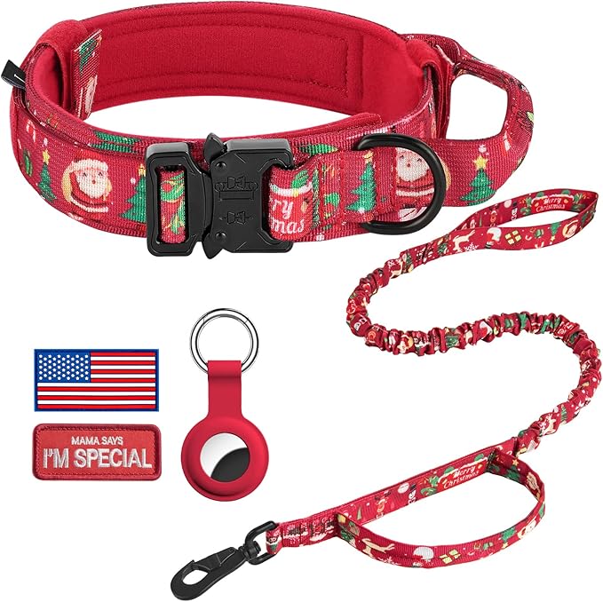 DAGANXI Tactical Dog Collar, Adjustable Military Training Nylon Dog Collar with Control Handle and Heavy Metal Buckle for Medium and Large Dogs, with Patches and Airtags Case (L, Christmas red-Set)