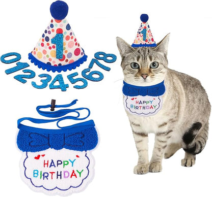 ADOGGYGO Cat Birthday Party Supplies, Blue Boy Cat Kitten Birthday Bandana Hat Numbers Pet Birthday Decorations Outfits