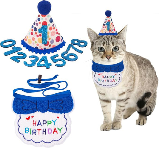ADOGGYGO Cat Birthday Party Supplies, Blue Boy Cat Kitten Birthday Bandana Hat Numbers Pet Birthday Decorations Outfits