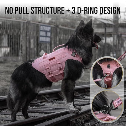 OneTigris Large Tactical Dog Harness, No Pulling Adjustable Dog Vest Harness, Heavy Duty Dog Harness with Handle, Large Hook and Loop Panels for Patch(Pink,M)