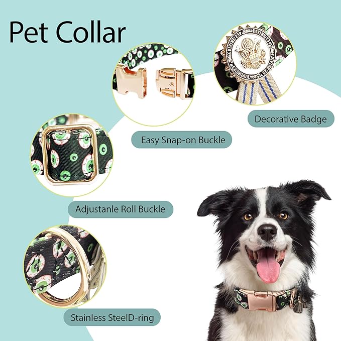 Metal Buckle Dog Collar with Dedals, 3-Size Comfortable Adjustable Cotton Dog Collar for Small, Medium, Large Male Female Dogs (Eyeballs, L(15-23in))
