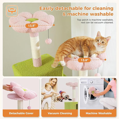 PAWZ Road 70 Inch Cat Tower, Pink Cat Tree with 2 Cozy Condos, 2 Plush Perch, Large Basket, 2 Scraching Pad & 6 Scraching Posts for Indoor Cats Large Adult