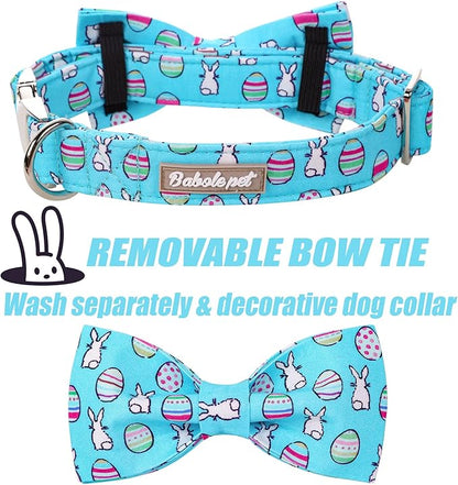 Easter Dog Collar with Bow Tie - Adjustable Easter Bunny Eggs Dog Collar Blue Rabbit Bowtie Metal Buckle Puppy Collars for Small Medium Large Dogs S