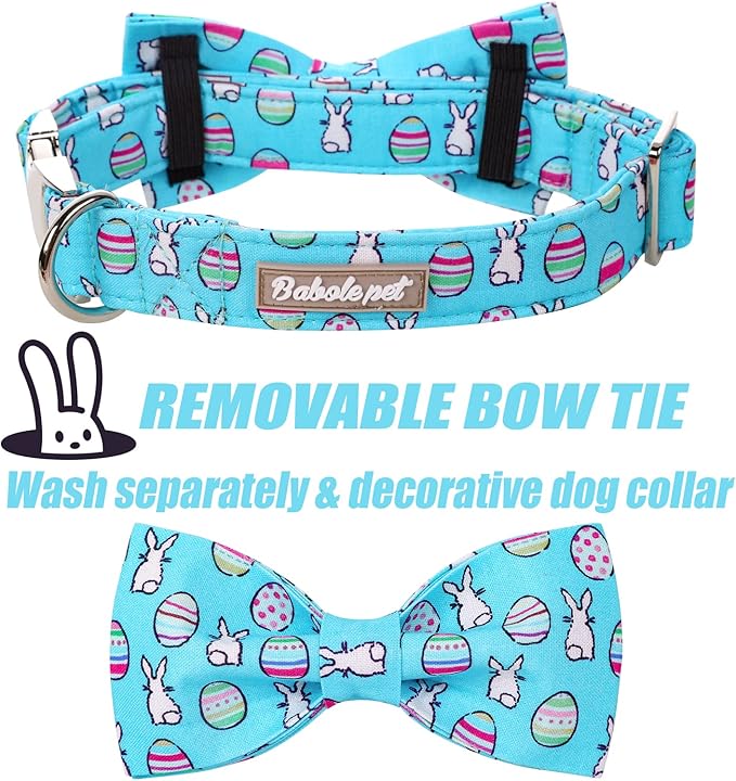 Easter Dog Collar with Bow Tie - Adjustable Easter Bunny Eggs Dog Collar Blue Rabbit Bowtie Metal Buckle Puppy Collars for Small Medium Large Dogs L