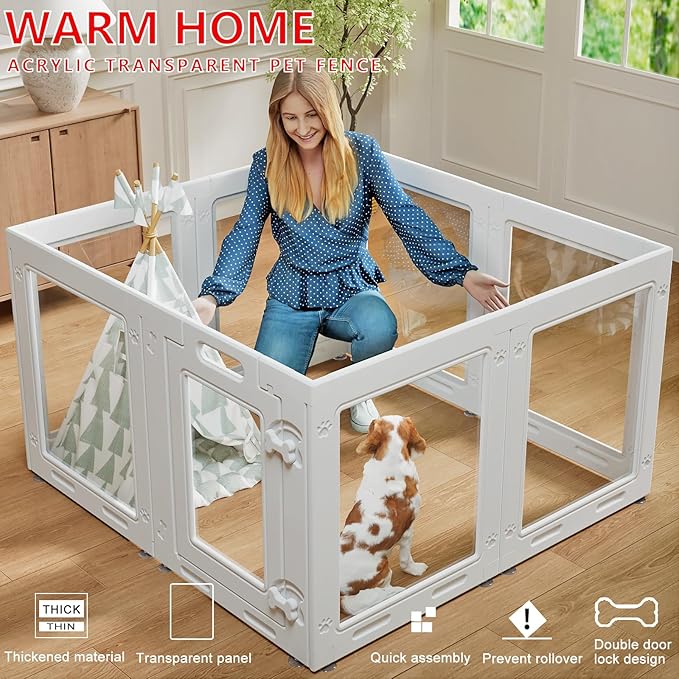 Clear Acrylic Dog Playpen with Door,23.6" Puppy Playpen,Easy Assemble Pet Fence,8-Panel for Puppies/Small Dog Play Pen Indoor (White-8, 23.6 Inch-H, 8 Panel)
