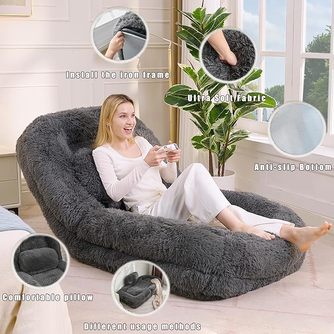 KEIKI 69" Human Dog Bed for Adults, Giant Plush Faux Fur Dog Bed with Adjustable Recliner, Foldable Nest Sofa Couch with Pillows for Bedroom or Living Room, Dark Gray