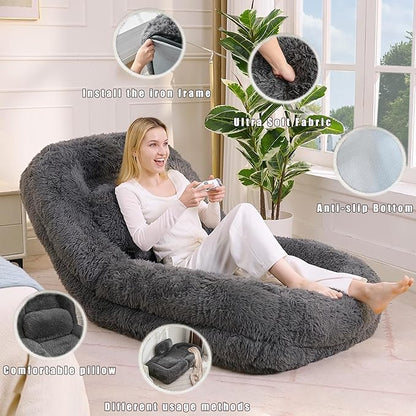 KEIKI 69" Human Dog Bed for Adults, Giant Plush Faux Fur Dog Bed with Adjustable Recliner, Foldable Nest Sofa Couch with Pillows for Bedroom or Living Room, Dark Gray