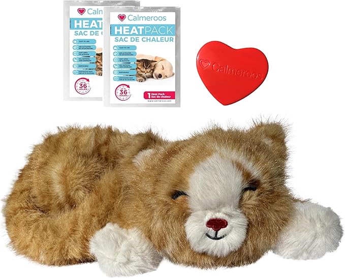 Calmeroos Plush Heartbeat Toys - Calming Separation Anxiety Relief Toys for Puppies and Kittens - Heartbeat Simulator in a Soft Comforting Pillow Pet Plush for Dogs and Cats (Orange Stripe)