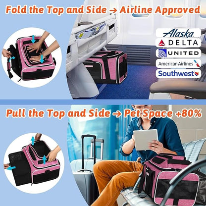 Petskd Top and Side Expandable Pet Carrier 17x11x9.5 Inches Alaska Airline Approved, Soft-Sided Carrier for Small Cats and Dogs with Locking Safety Zippers and Anti-Scratch Mesh(Pink)