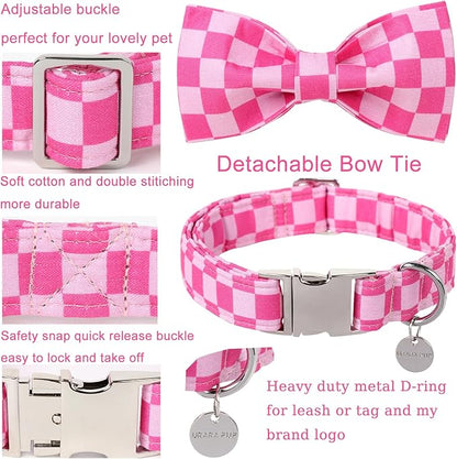 Dog Collar with Bow Tie,Pink Bow Dog Collar with Adjustable Buckle,Cotton Puppy Collar for Small,Medium,Large Dogs