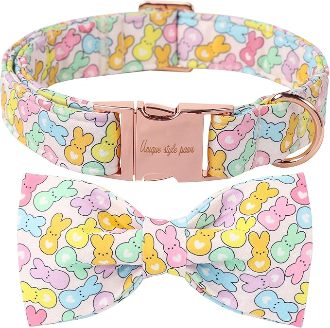 Unique Style Paws Easter Dog Collar with Bow Blue Colorful Rabbit Easter Heart Cotton Polyester Puppy Collars for Small Medium Large Dogs