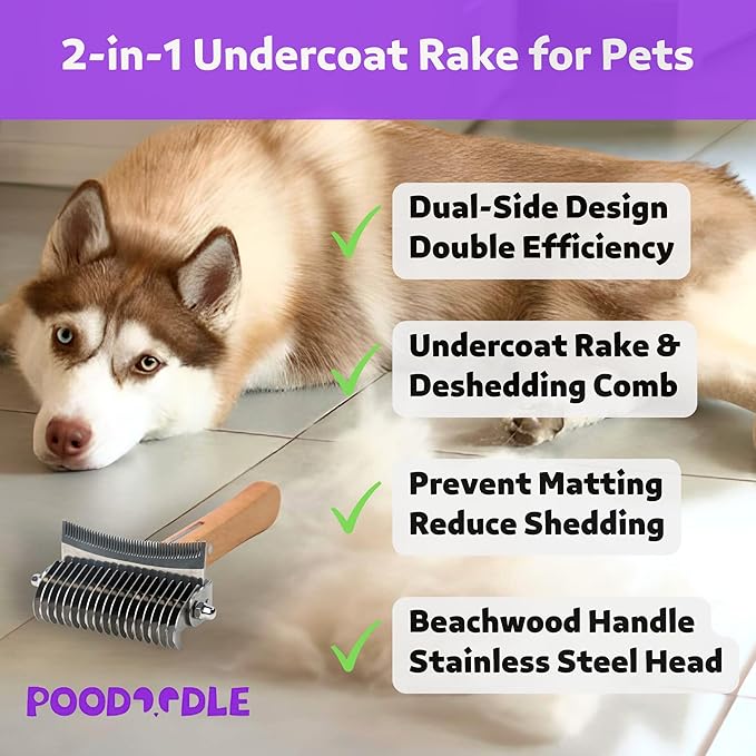 Poodoodle 2 in 1 Undercoat Rake for Dogs and Cats, Professional Grooming Brush Dematting & Shedding Comb to Remove Loose Hair, Matted Fur Efficiently, Perfect for Poodle, Doodle & All Long Haired Pets