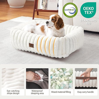 Warmrest Washable Dog Bed for Small Medium Dogs - Rectangle Orthopedic Corduroy Fleece Pet Bed with Removable Cover and Nonskid Bottom, Calming Puppy Bed Soft Pet Sofa, Cream(25x21x7inchs)