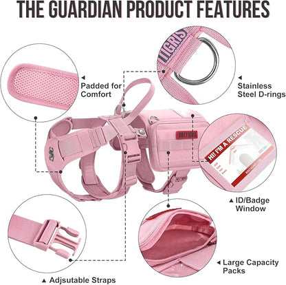 OneTigris Service Dog Vest Harness, Service Dog Cape Guardian Dog Backpack Harness with Pouches Dog Saddle Bag for Small Medium and Large Dogs (Pink, Large)