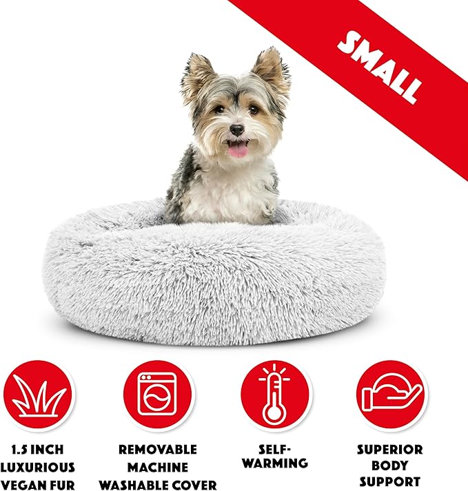 The Dog's Bed Sound Sleep Donut Dog Bed, Small Ice White Fur Calming Nest Bed, Veterinary Approved
