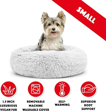 The Dog's Bed Sound Sleep Donut Dog Bed, Small Ice White Fur Calming Nest Bed, Veterinary Approved