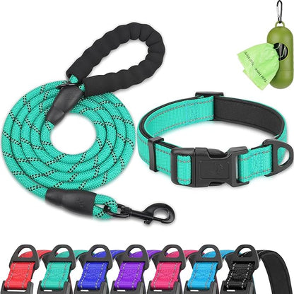 Dynmeow Reflective Dog Collar and Leash Set, 6FT Strong Climbing Rope Leash with Padded Handle, Adjustable Pet Collar with Soft Neoprene Padding for Medium Large Dogs, Teal, M