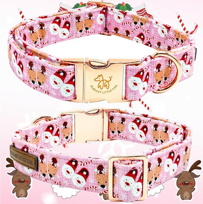 Elegant little tail Christmas Dog Collar, Pink Deer Print Pet Collar Dog Durable Cute Dog Collars Winter Holiday Male or Female Pet Gift Adjustable Dog Collar for Large Dogs