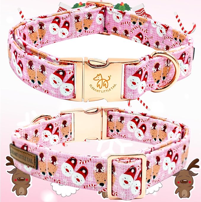 Elegant little tail Christmas Dog Collar, Pink Deer Print Pet Collar Dog Durable Cute Dog Collars Winter Holiday Male or Female Pet Gift Adjustable Dog Collar for X-Small Puppy