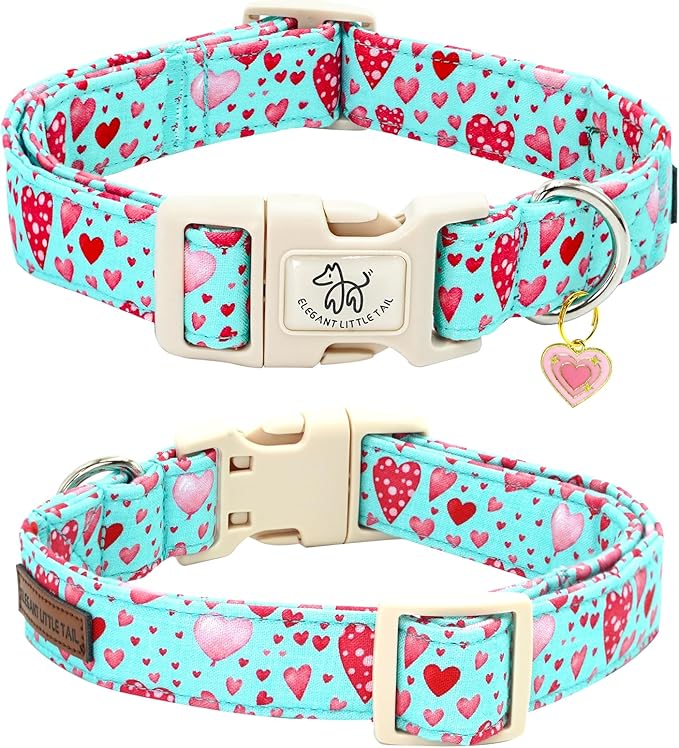 Elegant little tail Dog Collar, Pink Heart Dog Collar for Medium Dogs, Female or Male Adjustable Cotton Pet Collar with Quick Release Buckle for Small Medium Large Dogs