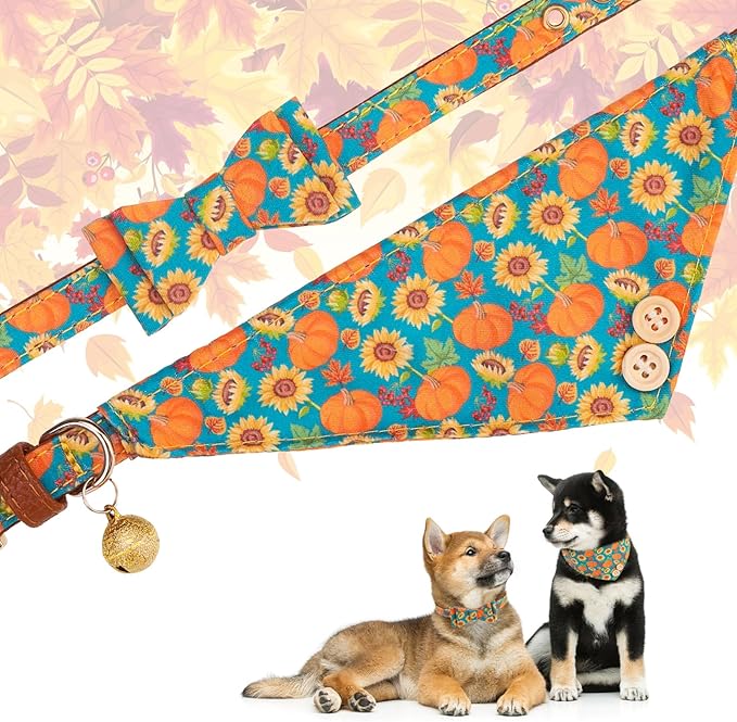KOOLTAIL Dog Collar and Leash Set with Bow Tie & Bells for Small Dogs-Puppy Collar and Leash with Dog Bandana Collar, Soft Leather Tangle Free Leashes for Boys Girls Cats