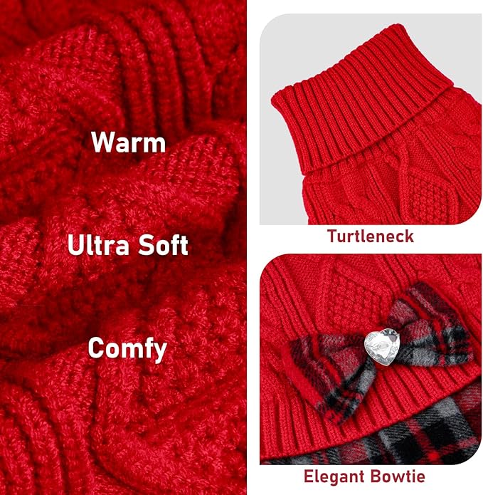 KYEESE Dog Sweater Stretchy Pullover Cat Sweaters Warm Turtleneck Dogs Clothes Thick Pet Coats with Bowtie Soft Dog Sweaters for Small Dogs Girl Comfy Knitwear Puppy Sweater Dress, Red, X-Small