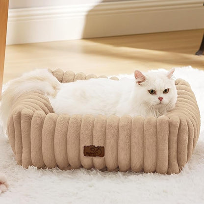 Bedsure ComfyFleece Cute Dog Bed for Small Dogs & Cats - Washable Furry Puppy Beds, Rectangle Orthopedic Corduroy Fleece Pet Beds with Removable Zipper Cover, 20x19x6inches, Sandy Beige