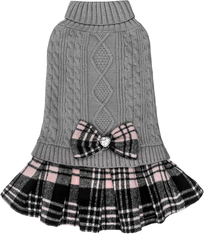KYEESE Dog Sweater Stretchy Knitwear Pet Sweater Dress Soft Turtleneck Pet Coats Comfy Dogs Clothes with Bowtie Thick Dog Sweaters for Small Dogs Male, Grey, X-Large