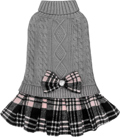 KYEESE Dog Sweater Stretchy Knitwear Pet Sweater Dress Soft Turtleneck Pet Coats Comfy Dogs Clothes with Bowtie Thick Dog Sweaters for Small Dogs Male, Grey, X-Large