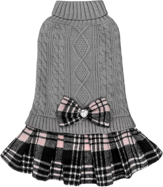 KYEESE Dog Sweater Stretchy Knitwear Pet Sweater Dress Soft Turtleneck Pet Coats Comfy Dogs Clothes with Bowtie Thick Dog Sweaters for Small Dogs Male, Grey, X-Large